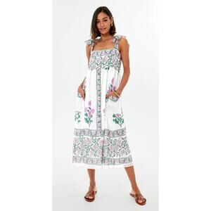 Juliet Dunn Tuckernuck Orchid Poppy Tie Shoulder Midi Floral Print Cotton Dress